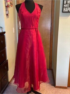David’s Bridal vintage red satin and chiffon halter prom bridesmaid gown 4